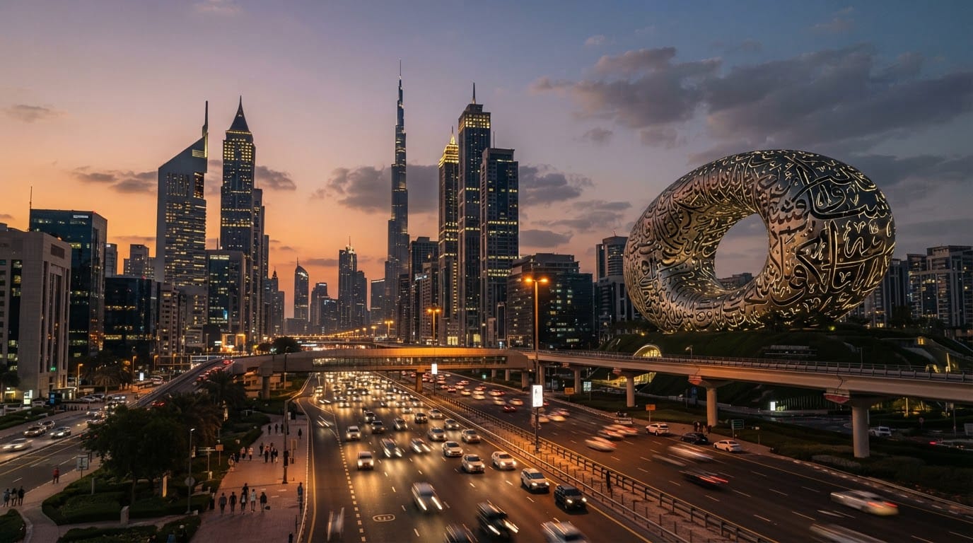 Dubai skyline with the Museum of the Future at dusk