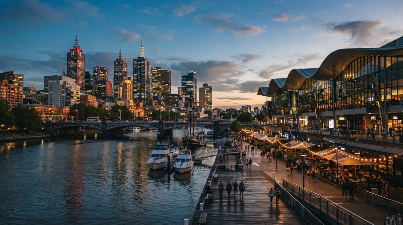 Melbourne skyline and South Wharf on the Yarra at dusk