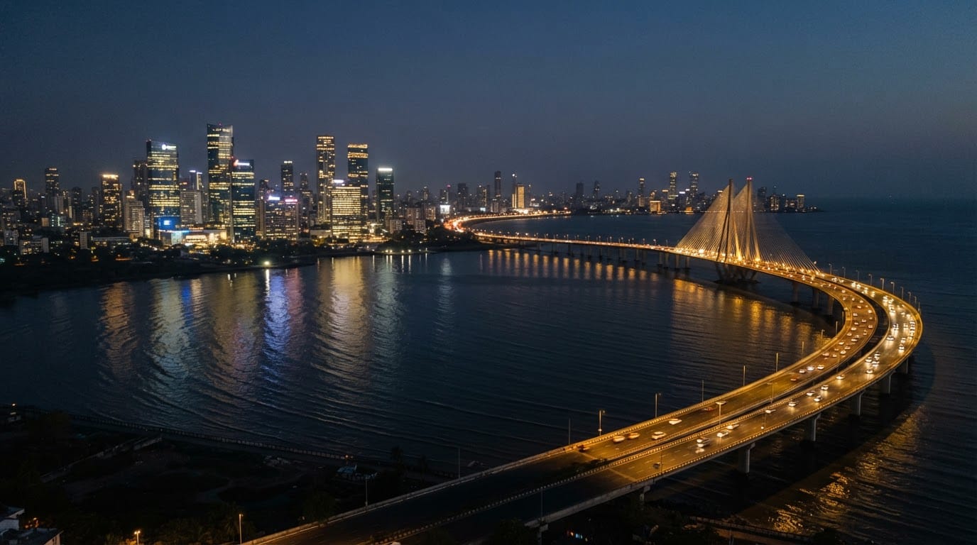Mumbai skyline and the Bandra-Worli Sea Link at night