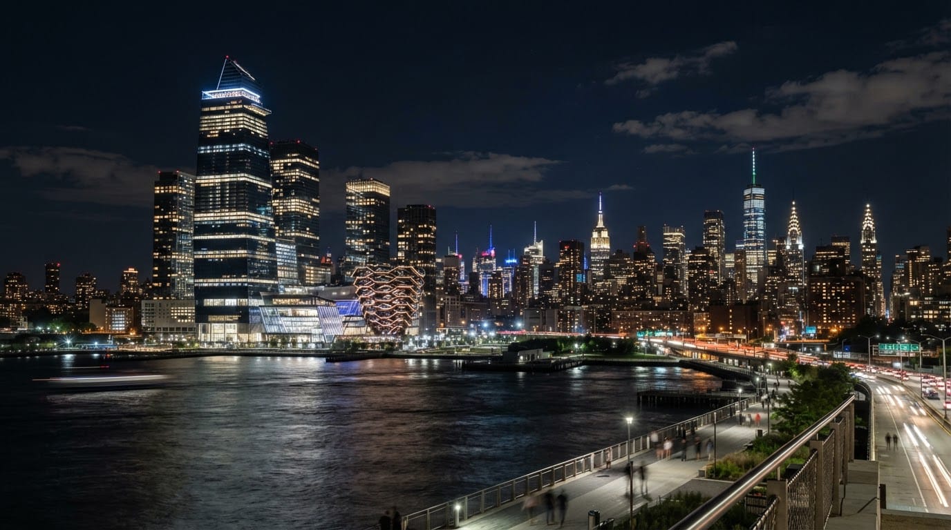 Hudson Yards and the Manhattan skyline at night