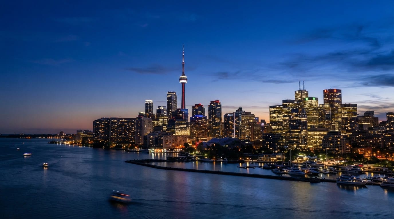 Toronto skyline with the CN Tower at blue hour